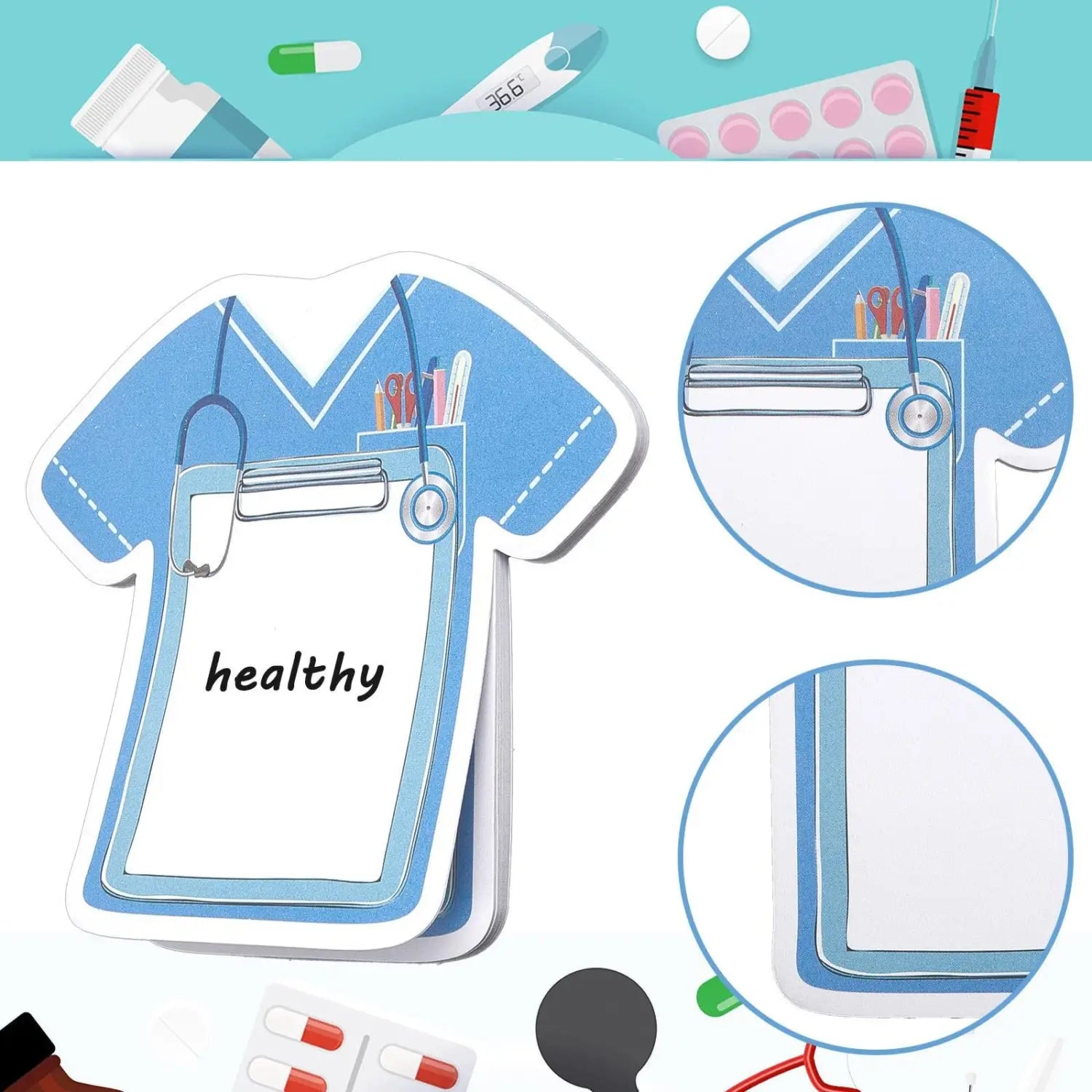 Blauer Notizblock in Form von medizinischen OP-Scrubs mit Stethoskop- und Klemmbrett-Design sowie dem Wort „healthy“ auf der Vorderseite aus dem Nurse Sticky Notes 8-teiligen Medical Memo Pad.