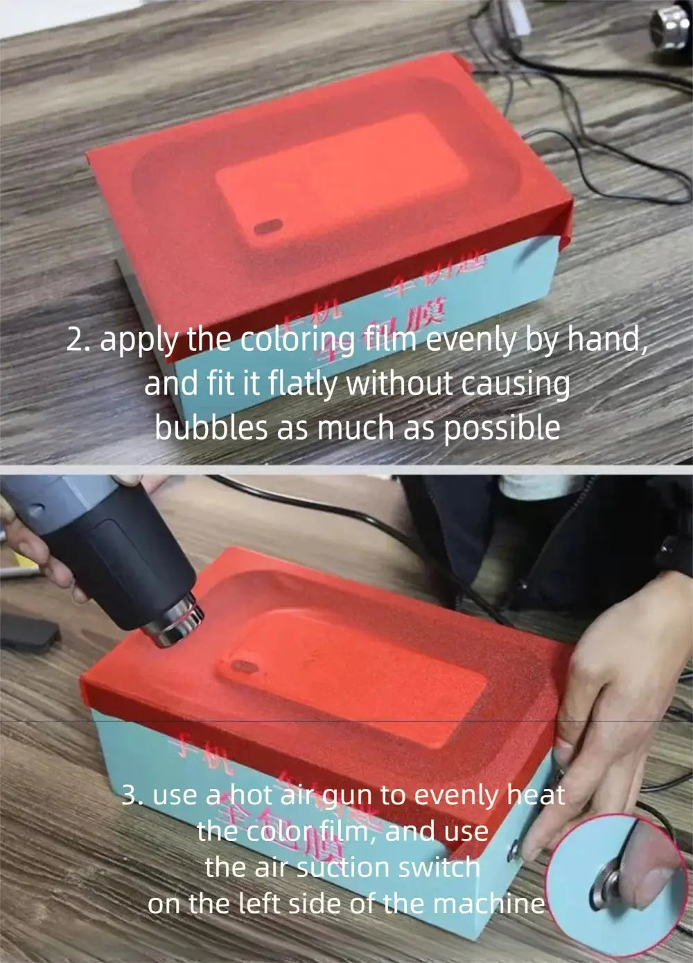 Embalaje rectangular de máquina de laminación al vacío de película para teléfonos móviles en color rojo y azul claro, con una película de color rojo transparente aplicada a la superficie superior para reducir daños por el costo de envío.
