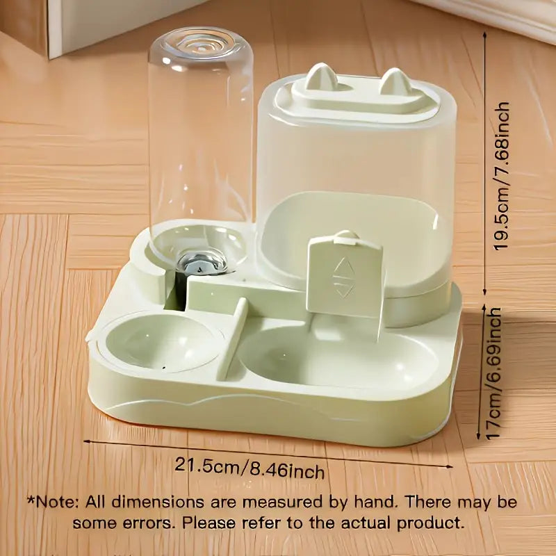 Light green plastic large pet feeder with two food bowls and a clear glass water dispenser for pets.