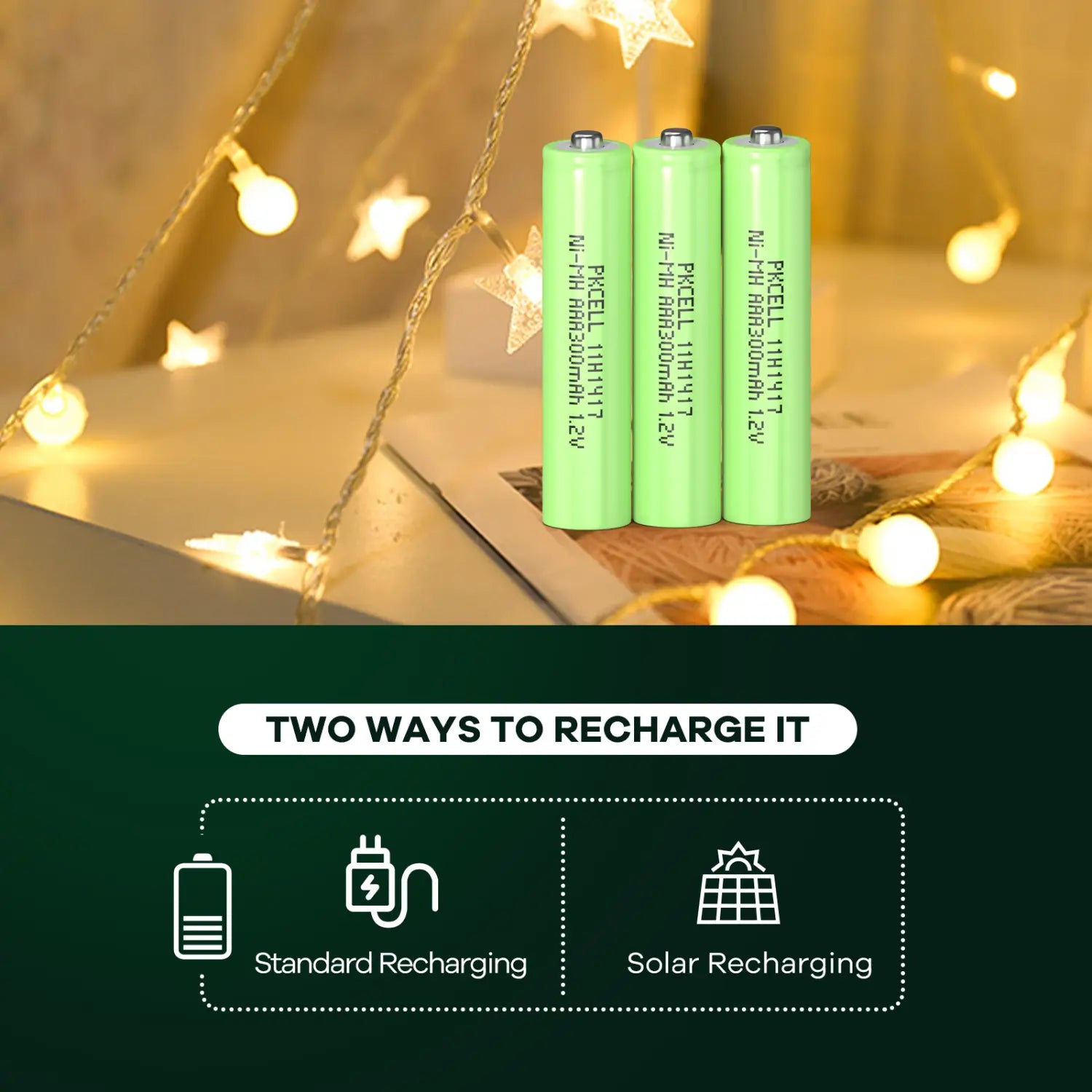 Trois batteries rechargeables au NiMH 18650 pxcel vert citron de 3000 mAh, affichées dans le cadre d’un produit comprenant des batteries rechargeables au NiMH AAA 300 mAh, lot de 20.