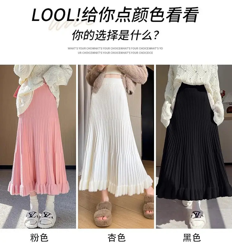 Une jupe mi-longue en maille, taille haute, style parapluie à plis, en rose, beige ou noir, avec tissu en maille côtelée et un ourlet volanté souple
