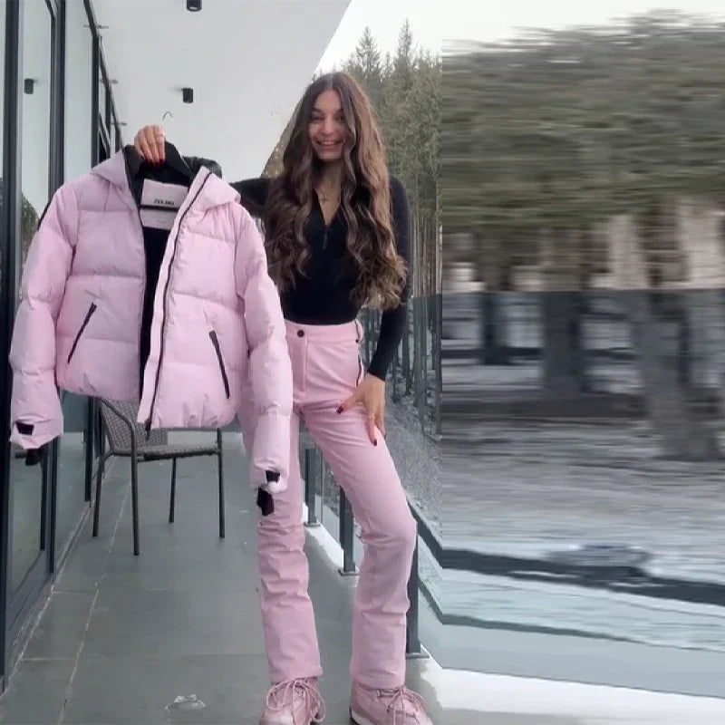 Winter Warm Hooded Ski Wear Suits For Women Windproof Waterproof Park Coat High Waist Warm Pants 2026 New Lady Snow Sportwears