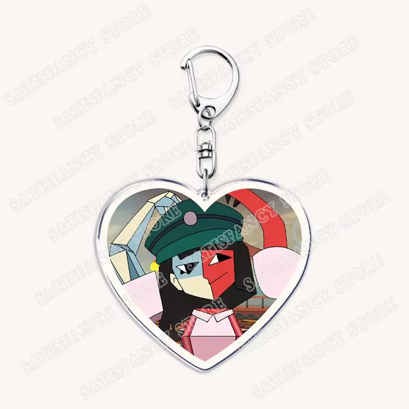 Herzförmiger Acryl-Anime-Schlüsselanhänger mit einem farbenfrohen Cartoon-Charakter mit halber blauer und halber roter Gesichtsseite, der eine grüne Kappe und ein pinkfarbenes Outfit trägt, ideal als Geschenk für Gamer.