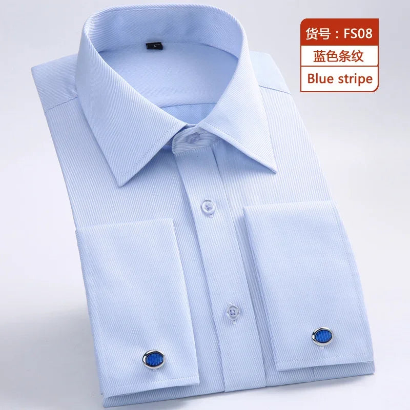 Men's Collar French Cuff Dress Shirts Business Contrast  Single Patch Pocket Regular-fit Long Sleeve Social Wedding Party Shirt