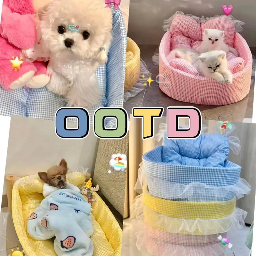 pink checkered plush cat sofa bed with lace edge ruffled trim designed for pet comfort
