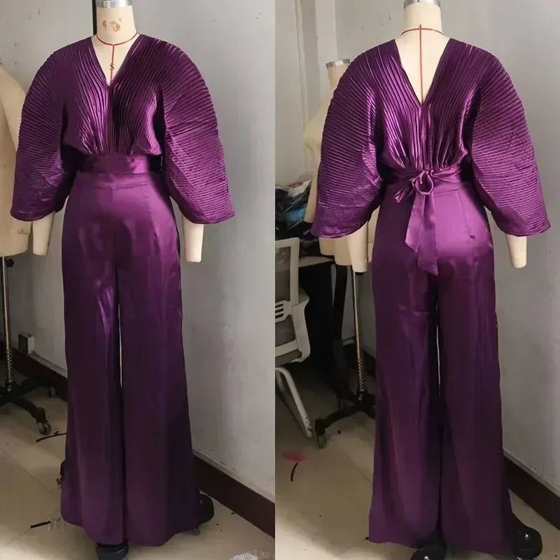Fashion Women's Set Long Sleeve Pleated Blouse Top and Wide Leg Pants 2025 Chic Two 2 Piece Sets Outfits Tracksuit