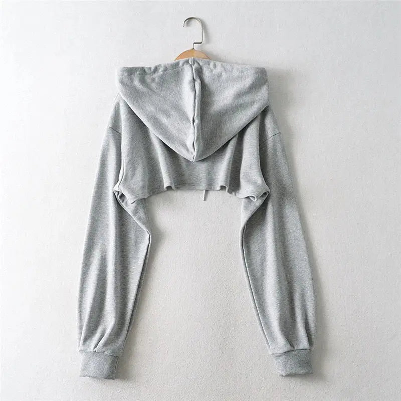 Women's Cropped Hooded Sweatshirt Solid Color Long Sleeve Front Hollow Out Short Hoodies Sweater Spring Autumn Streetwear