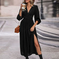 Elegant Party Dresses Woman Autumn and Winter Solid Color V Neck Long Sleeve Midi Dress with Side Slit Waist Wrap