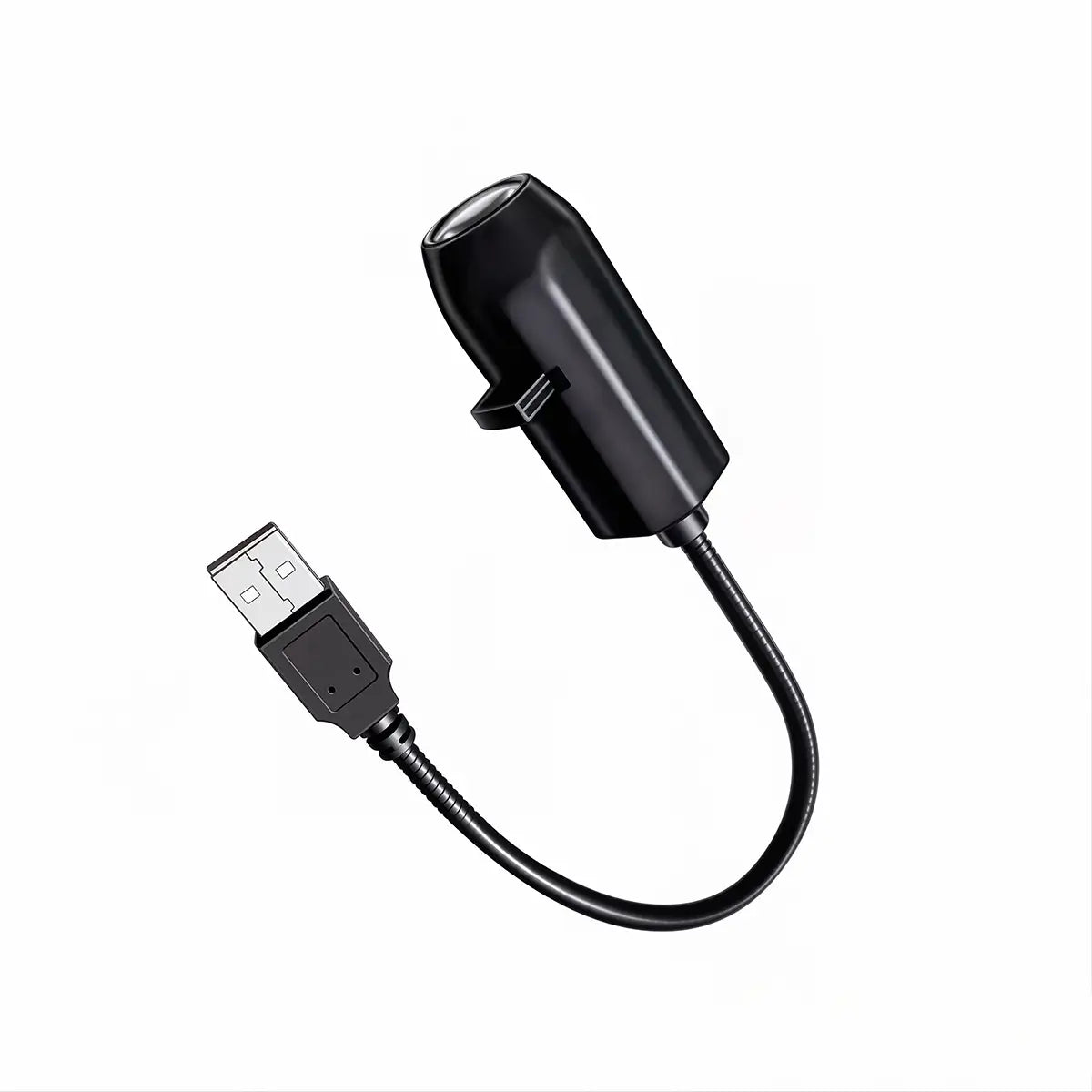 Chargeur de voiture USB noir avec une tête cylindrique élégante et un câble flexible, conçu pour une utilisation avec la lumière de projecteur mini LED « ciel étoilé galaxie ».