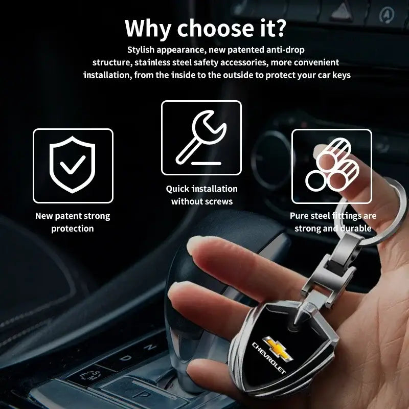 Stainless steel Chevrolet metal shield car keychain featuring a sleek black and silver shield-shaped design.