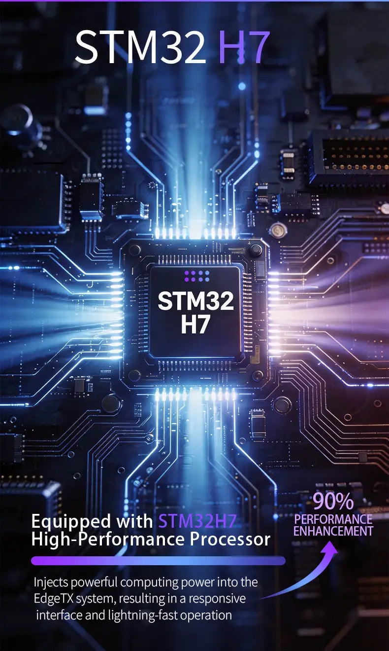 Microcontrôleur stm32h7 noir avec des circuits bleus lumineux et des effets lumineux violets, présenté dans la télécommande du transmetteur radio FPV Edgetx FPV Edgetx V12 pour la télécommande V12.