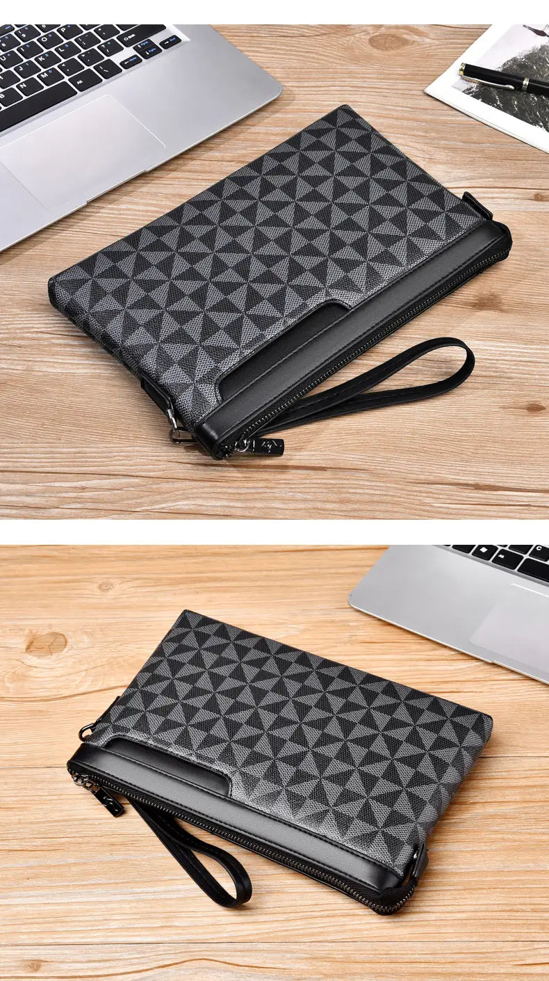 Black and gray geometric-patterned pu leather men clutch bag with wrist strap and pocket interior.