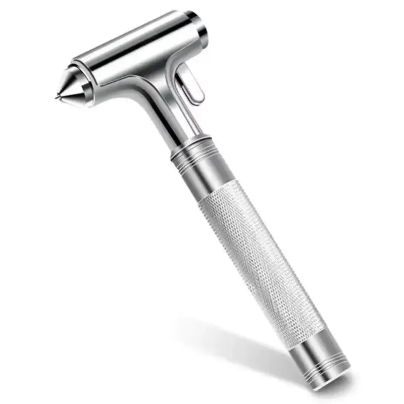 Silver stainless steel car safety hammer with textured grip and pointed tip for emergency use and seat belt cutting.