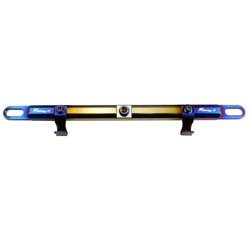 Barre d’équilibre pour guidon de moto élégante en bleu et or irisés avec le marquage racing h gravé sur les deux extrémités, conçue pour la stabilité du montage du téléphone.