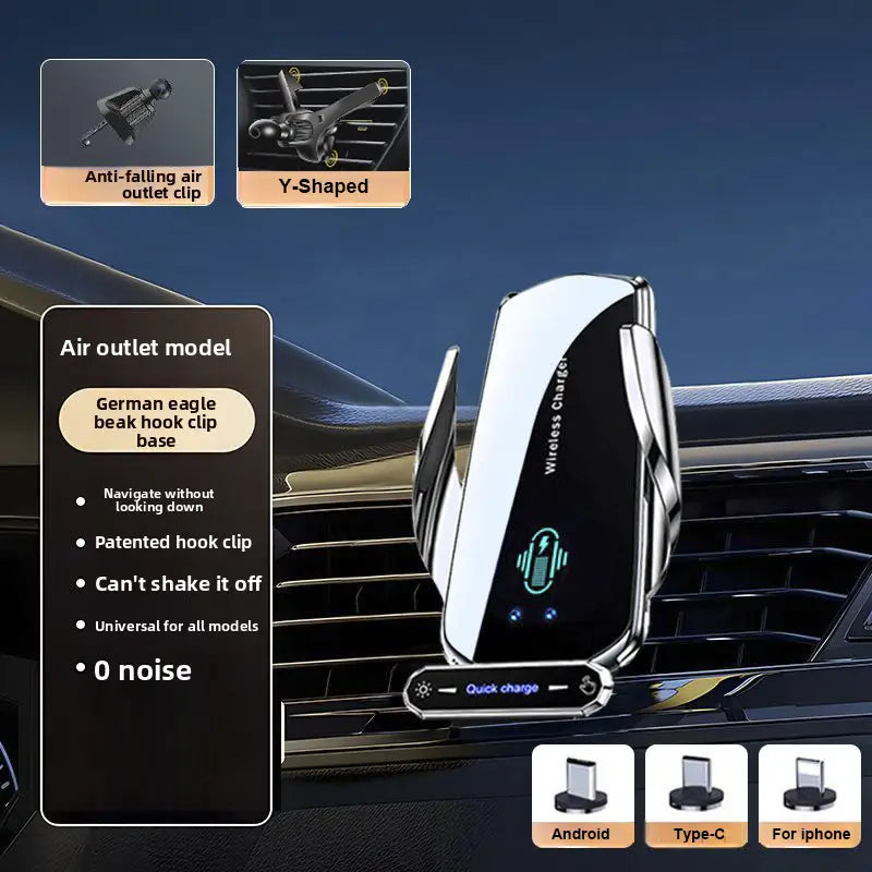 Silver and black auto clamping wireless car charger phone mount with sleek y-shaped design for car air vents.