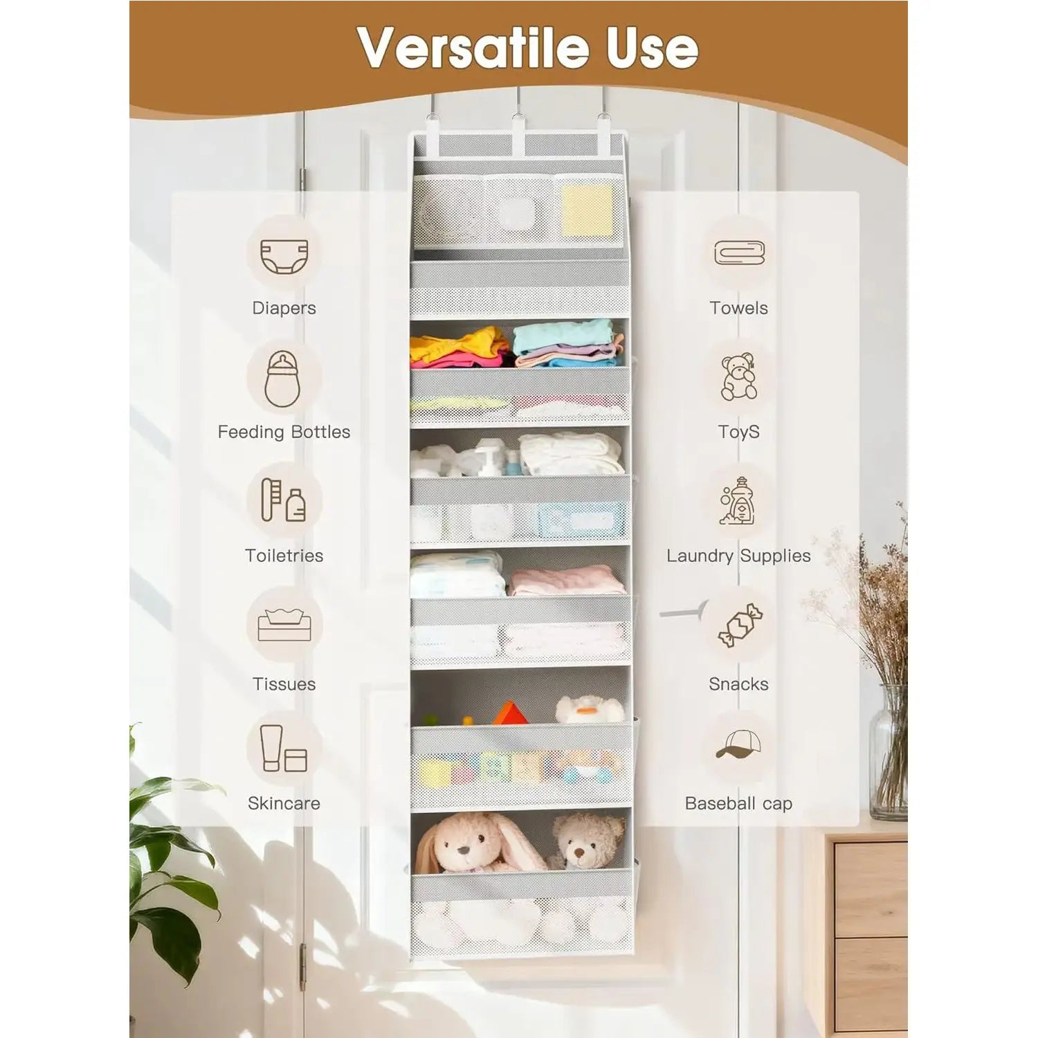 organisateur suspendu pour rangement à plusieurs compartiments en tissu maillé gris au-dessus de la porte, doté de dix compartiments en tissu pour une utilisation efficace de l’espace et un rangement organisé