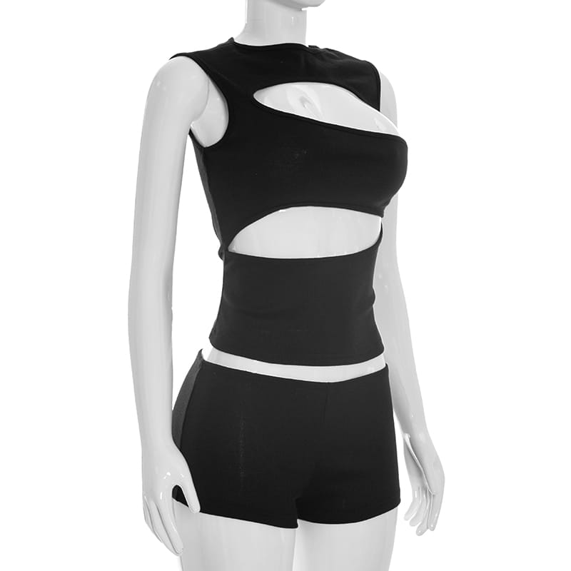 Black ribbed knit sleeveless tank top with bold white cut-out panels and matching black shorts set.