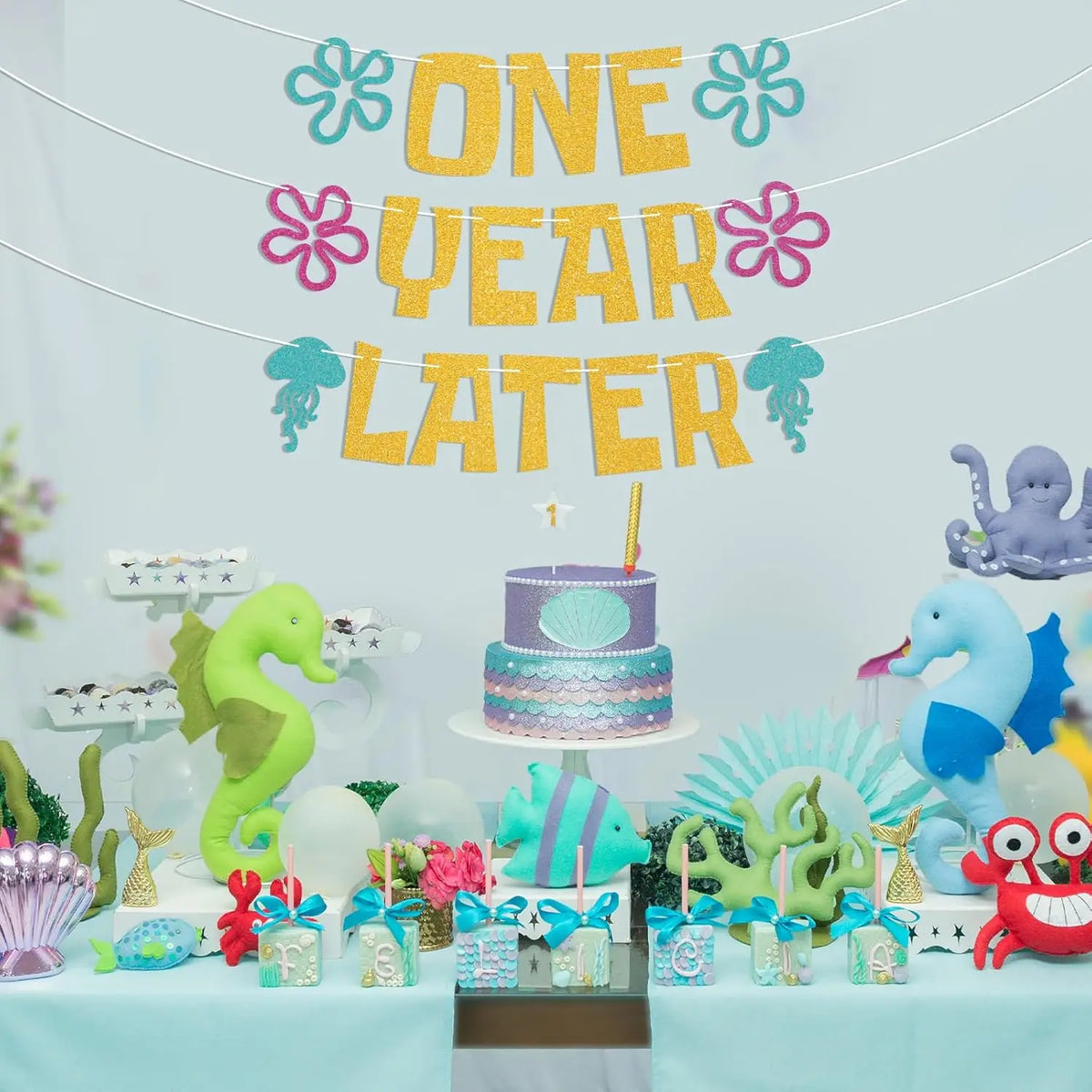 One Year Later Banner - Sea Animals First Birthday Decor, Yellow Undersea Theme Cartoon 1st Birthday Decorations Gold