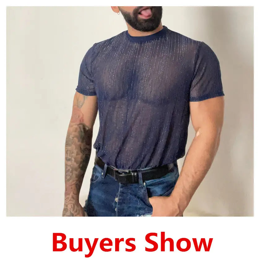 A navy blue men glitter mesh t-shirt with a semi-transparent shimmering texture and short sleeves.