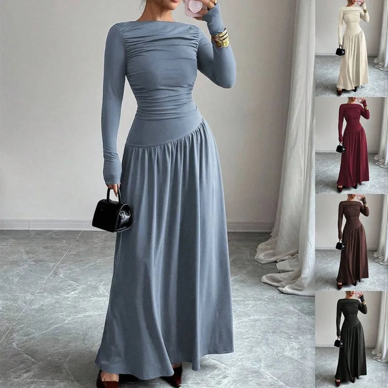 Elegant Women's Formal Dresses Modest Boat Neck Solid Color Long Sleeve Ruched Flowy Maxi Dress for Daily Evening Party Wear