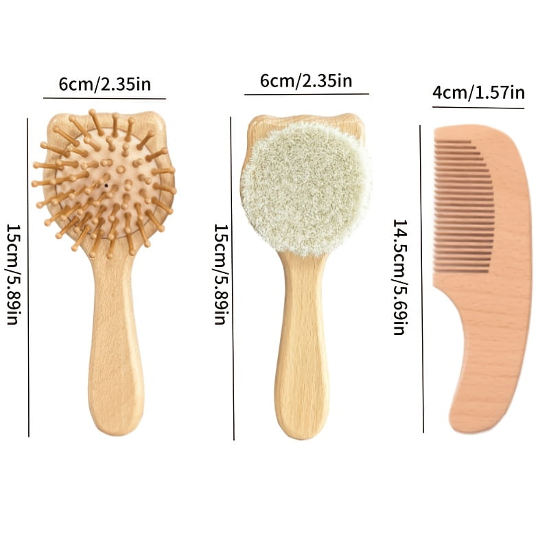 baby wooden grooming set and healthcare kit featuring a set of three wooden hairbrushes and a comb with natural wood handles including a rounded bristle brush, a soft white scrubbing brush, and a sleek toothed comb.