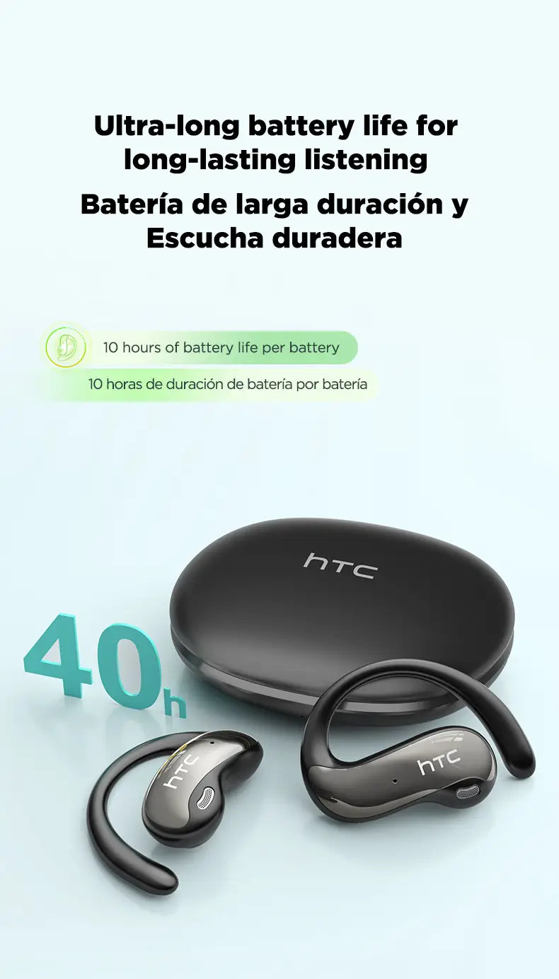 充電ケースとともに、スリムなカーブ形状のデザインとメタリックなアクセントを備えたブラックのHTC NE19イヤーフック型ワイヤレスイヤホンが示されています。