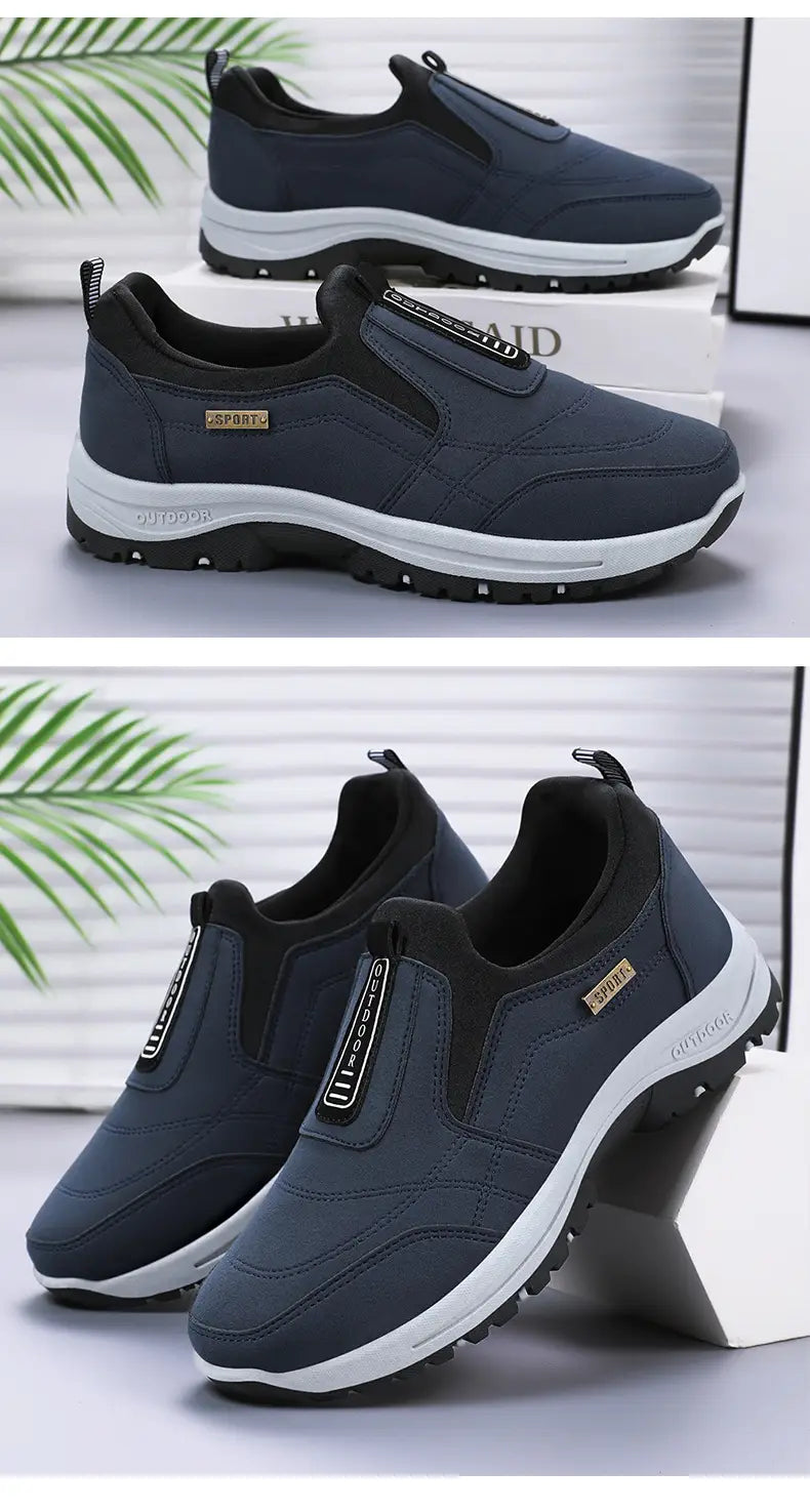 Men orthopedic slip-on walking shoes in dark blue with white soles and black accents featuring a sporty design.