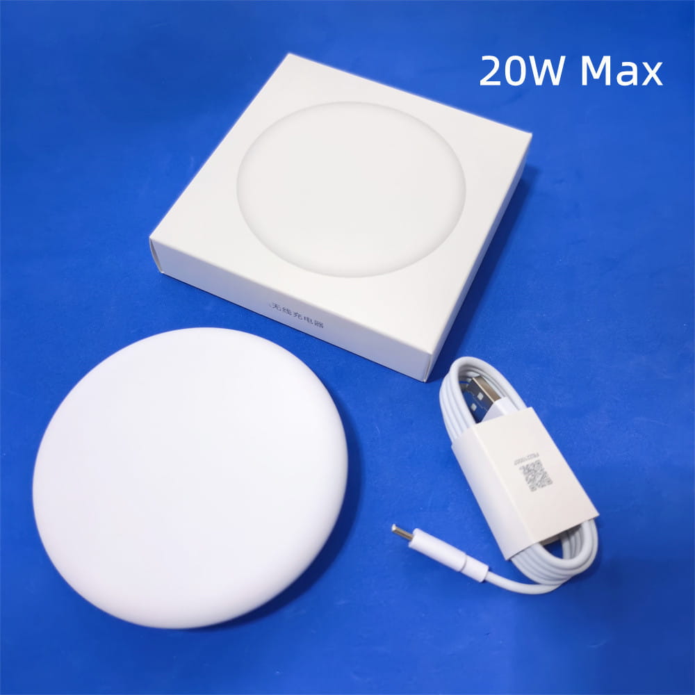 Weiße runde kabellose Ladestation mit maximaler Schnellladeleistung von 20 W für das Xiaomi Pro Max, dargestellt mit passender weißer Verpackung und spiralförmigem USB-C-Kabel.