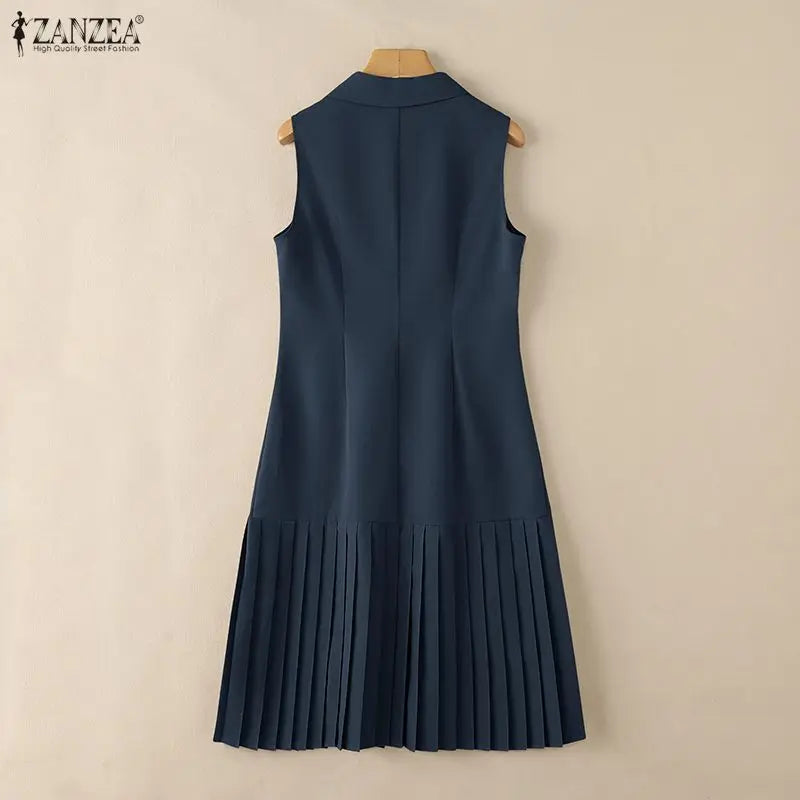 Women's Office Wear Pleated Midi Dresses Elegant Notched Lapel Double-Breasted Sleeveless Blazer Dress Summer Solid Robes Femme