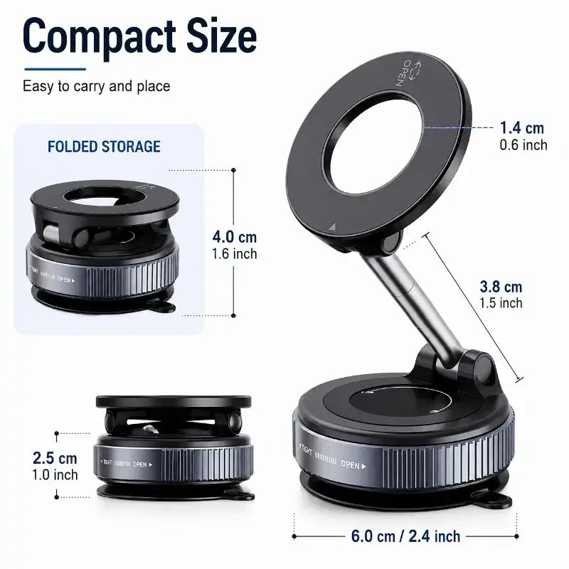Black compact magnifying lamp with circular lens and adjustable stand shown alongside foldable magnetic car phone holder with magnetic attraction