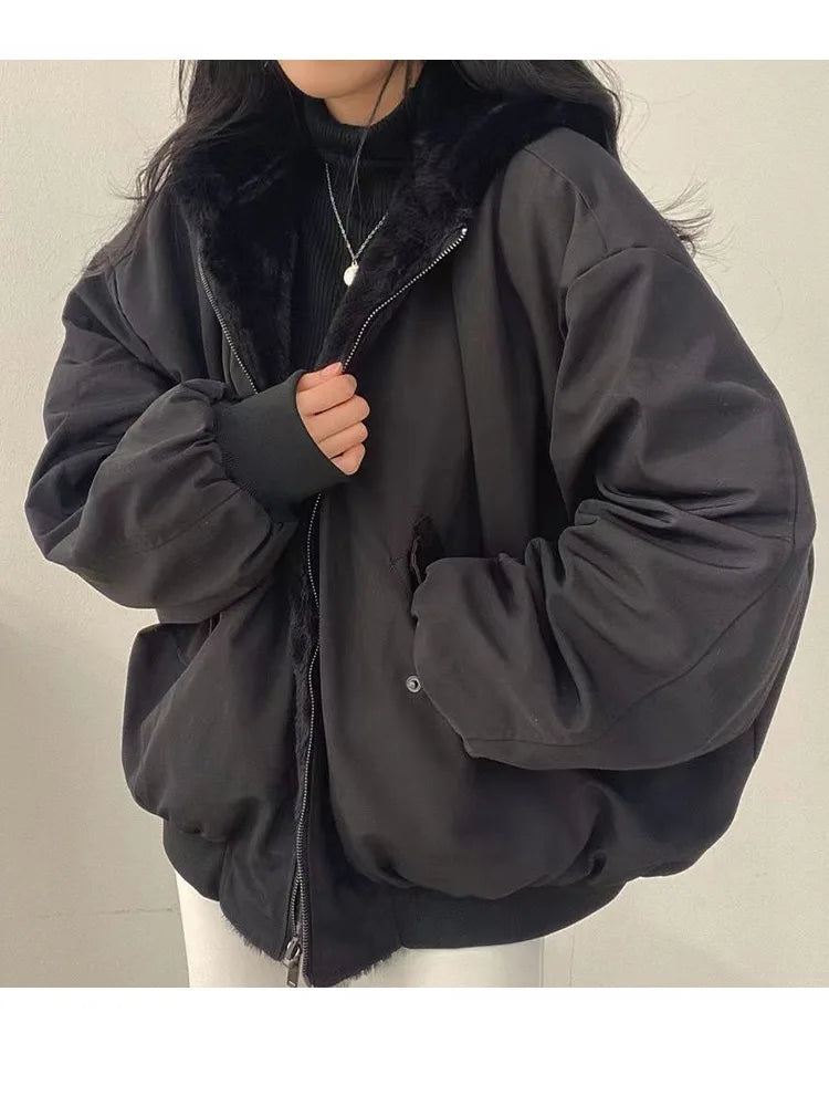 Winter Thicken Warm Jackets Women Oversized Double Sided Hooded Coat Ladies Korean Fashion Casual Loose Zip Up Parkas Coats