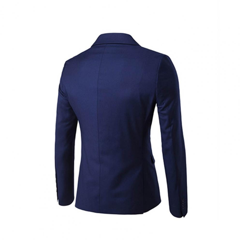 Chaqueta entallada de color azul marino, de color sólido, con manga larga y ajuste clásico, con textura sutil, como parte de un conjunto de traje formal de hombre de color sólido, chaqueta de manga larga y pantalones.