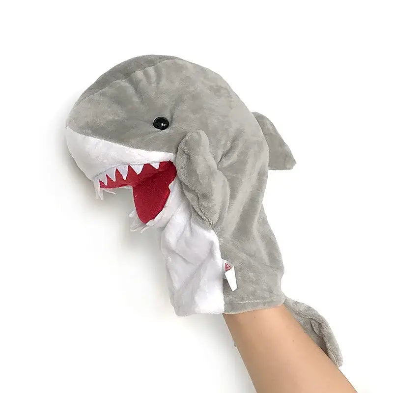Gray plush shark hand finger puppet with white underbelly red interior mouth and black eye for educational baby toys featuring lion elephant bunny designs.
