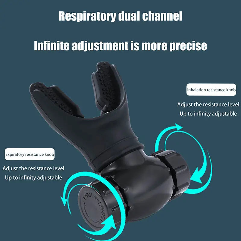 Black dual-channel scuba diving regulator with adjustable inhalation and exhalation resistance knobs used as a lung breathing trainer fitness resistance exercise tool