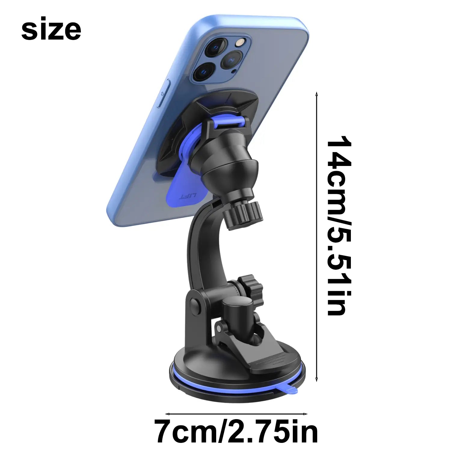 Black and blue adjustable car phone mount with 360 rotation and suction cup base holding a light blue smartphone for dashboard use