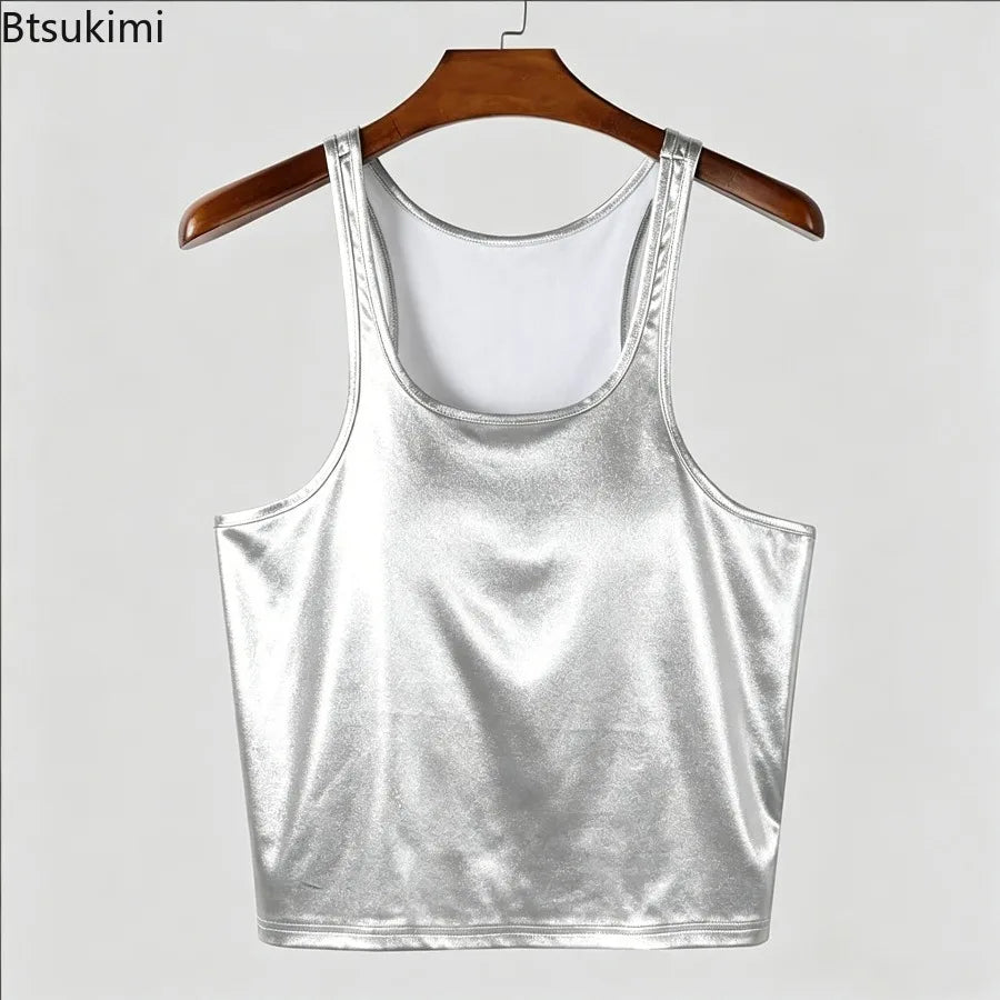 Men's Streetwear Vintage Shiny Tank Tops Fashionable Slim Fit Stretch Crop Camisoles Men Summer Casual Sleeveless U Neck Vests