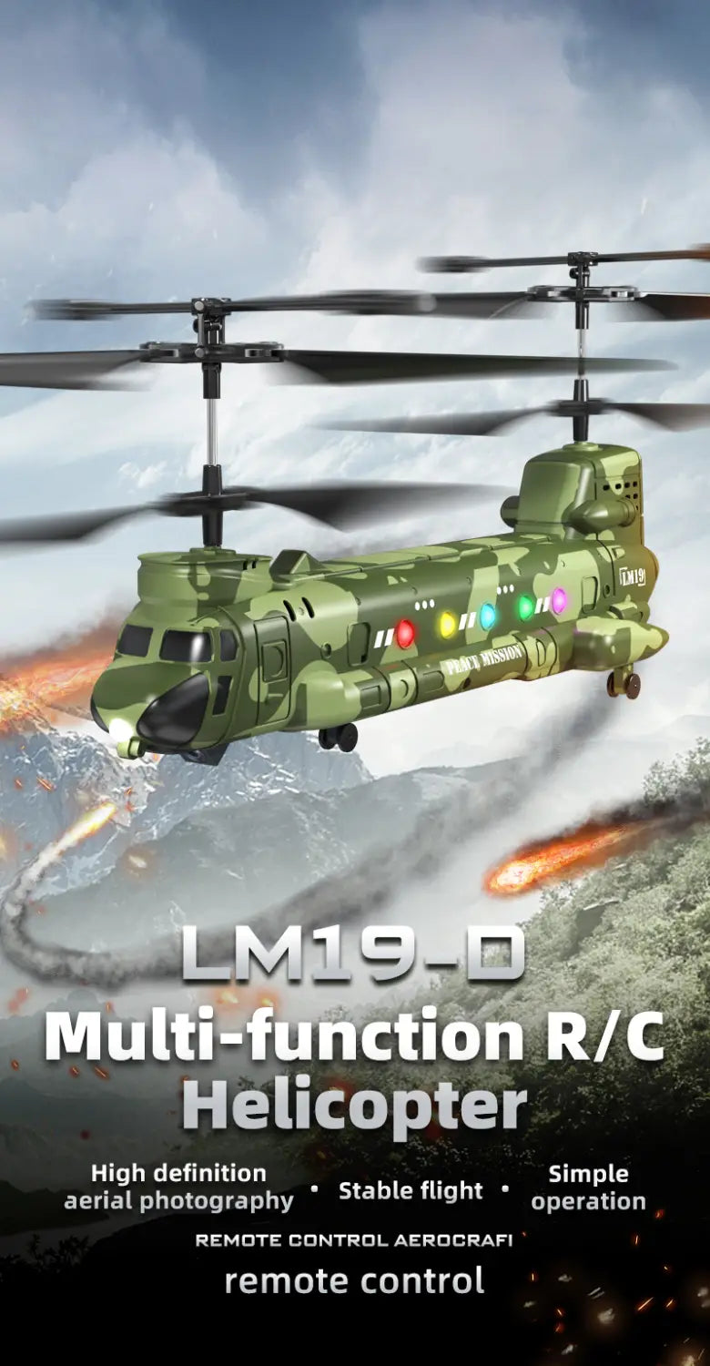 Helicóptero teledirigido de camuflaje verde con luces LED, diseñado para fotografía aérea y para el desarrollo de habilidades.