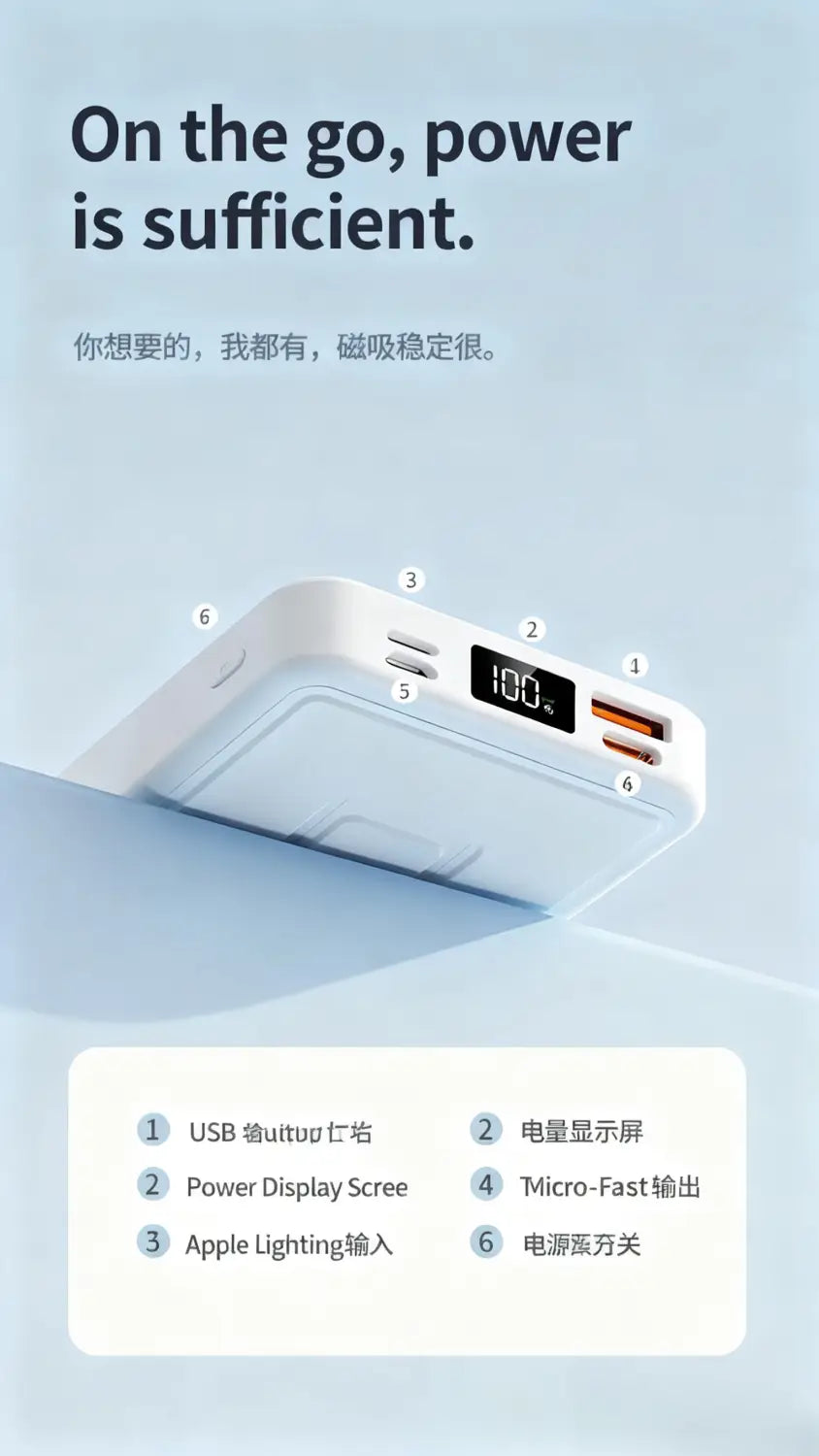 Weiße rechteckige kabellose Ladegerät-Powerbank mit Ständer mit digitaler Anzeige, die 100 Prozent Ladung darstellt, sowie mehreren USB-Anschlüssen, einschließlich Micro-Schnell- und Apple-Lightning-Eingängen für schnelles Laden.