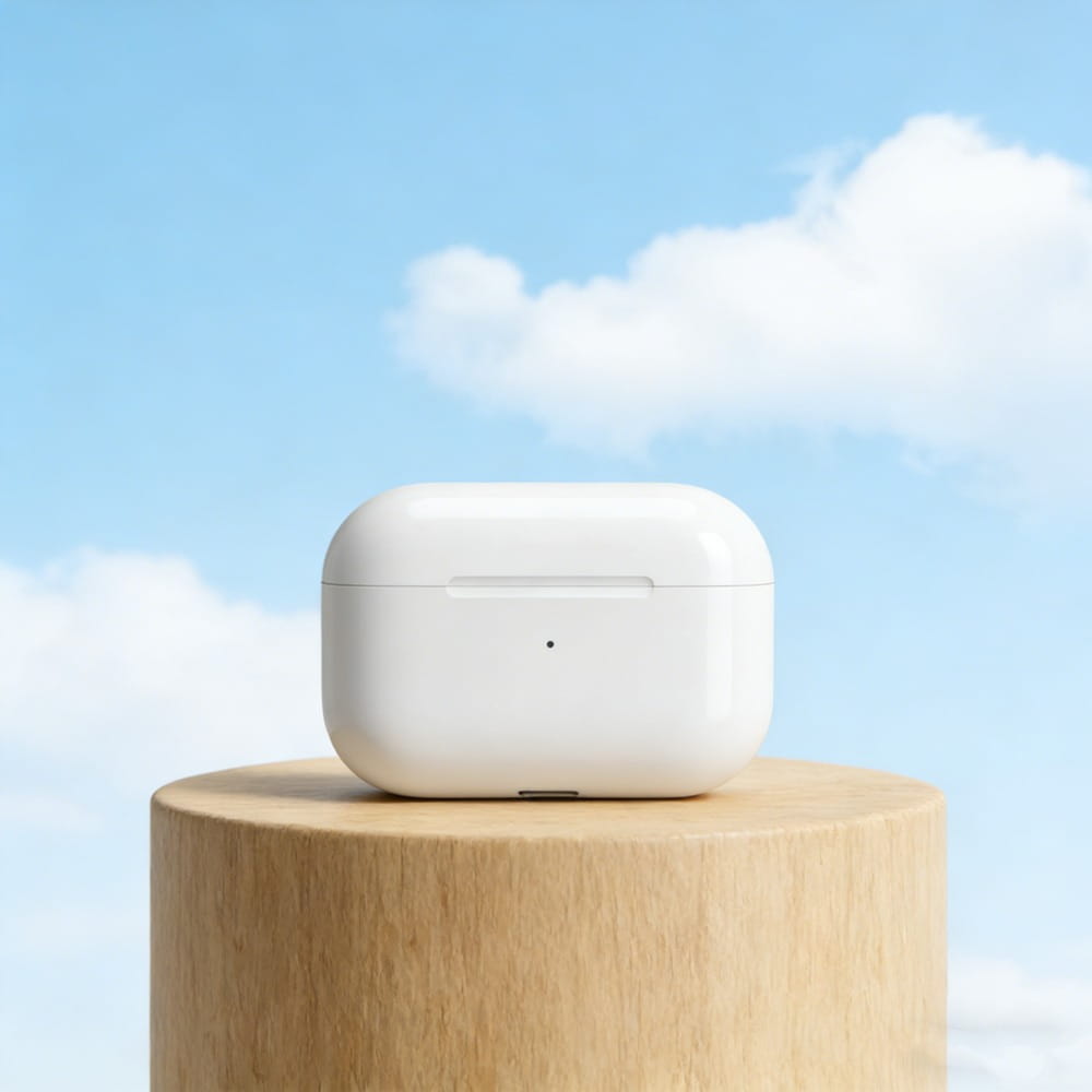 écouteurs sans fil blancs Apple AirPods Pro avec réduction active du bruit (ANC) Bluetooth, boîtier de chargement, bords arrondis et lisses, design minimaliste