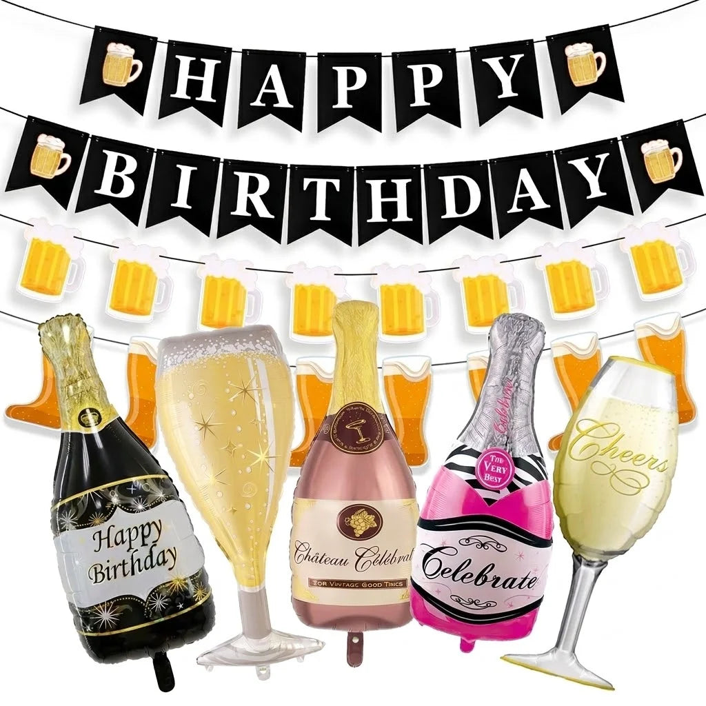 Adult Birthday Party Decor Large Champagne Foil Balloons Beer Mug Helium Globos for Men Women Black Gold Happy Birthday Banner