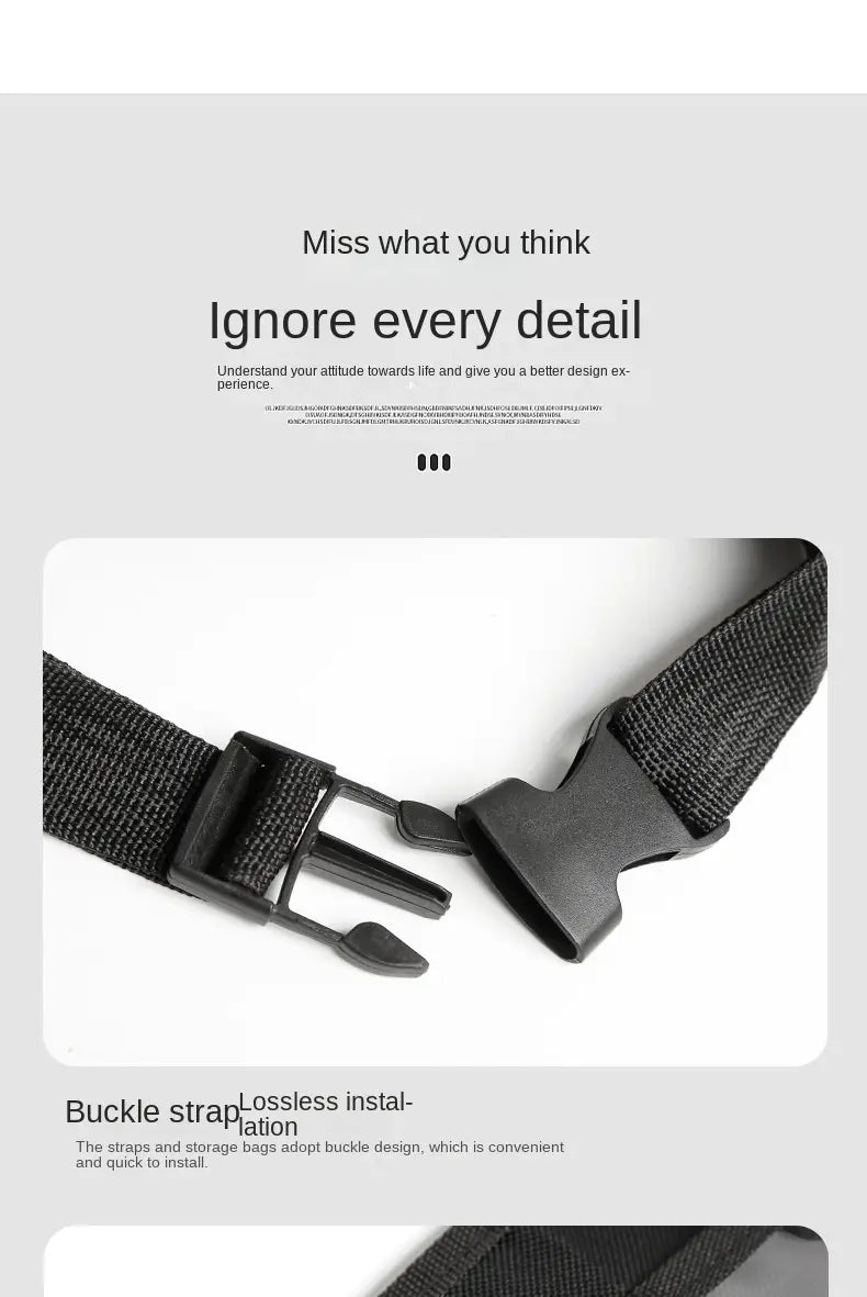 black nylon strap with black plastic buckle on the back side of a car backseat organizer with tablet holder