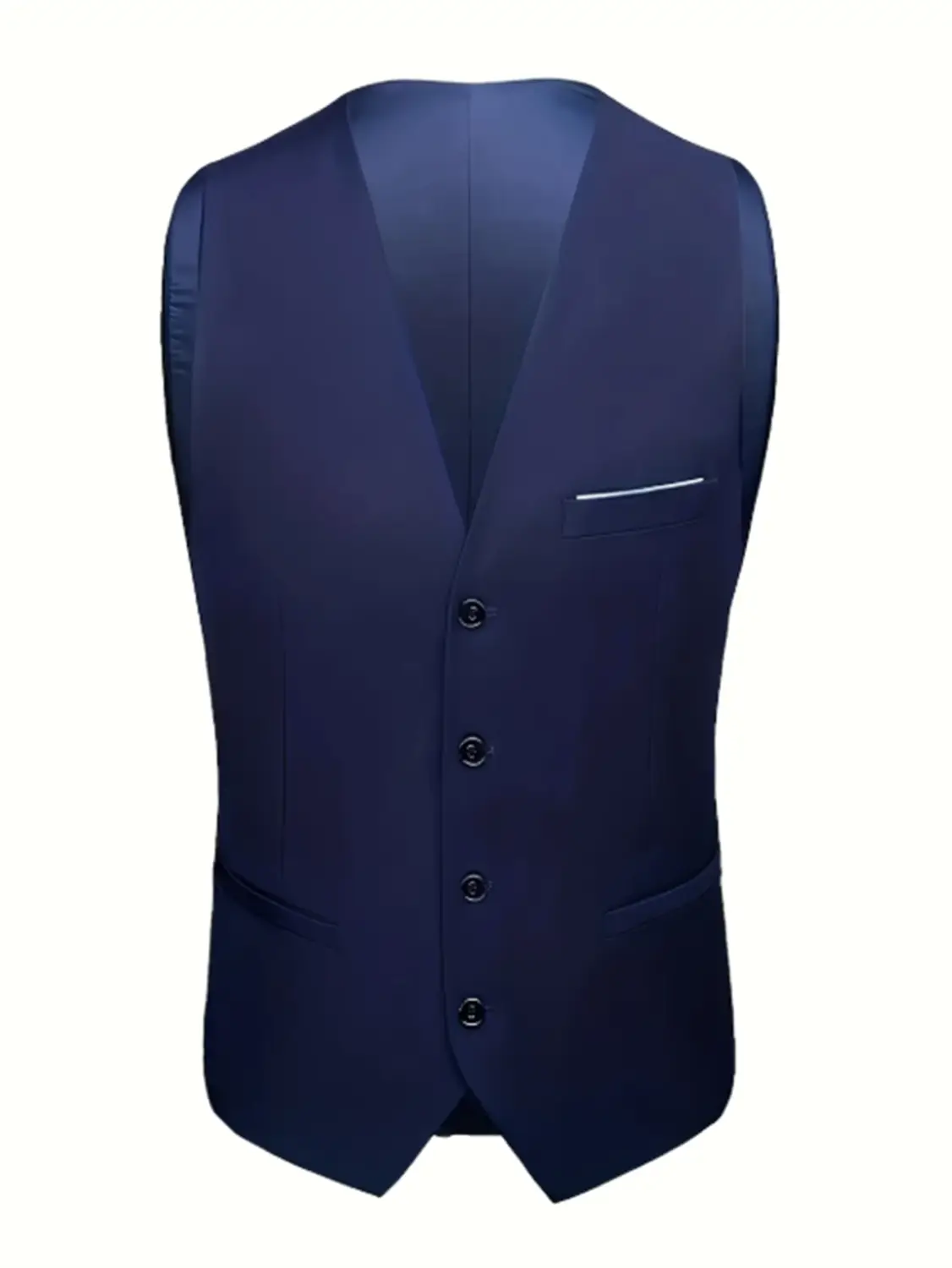 Herren schwarzer Slim-Fit-Anzug einreihiger Smoking mit einer navyblauen, maßgeschneiderten Weste mit einreihigem Frontverschluss, vier schwarzen Knöpfen und einer dezenten, linksseitig eingearbeiteten Tasche mit weißem Besatz.