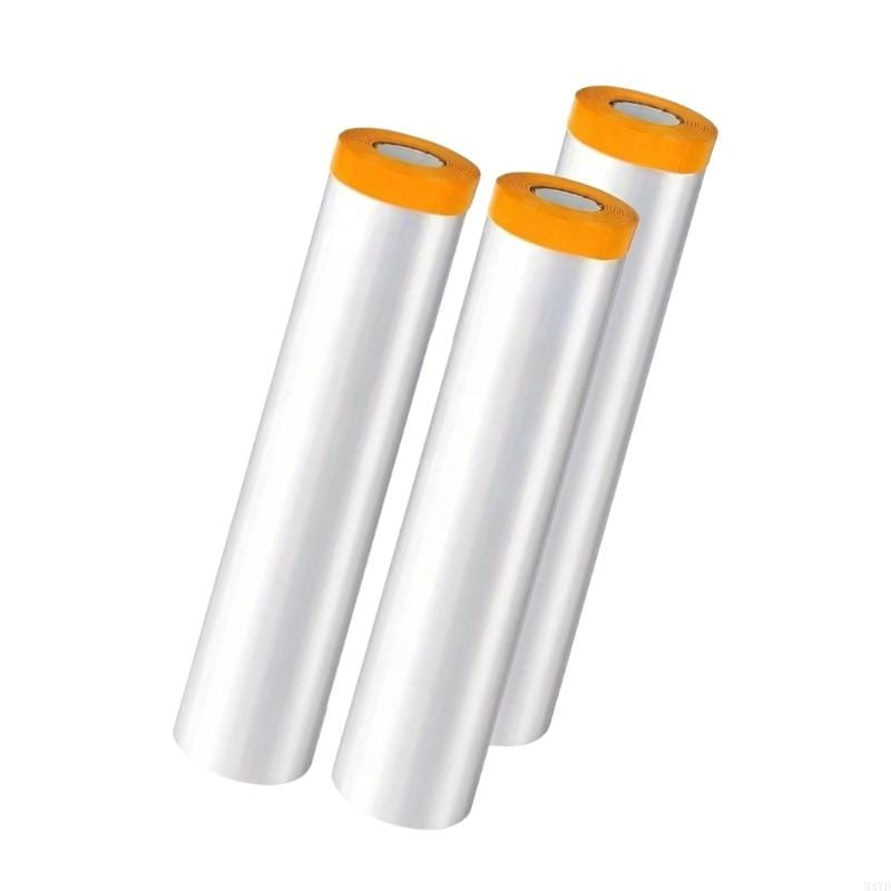 Trois rouleaux de film de protection de meubles anti-poussière transparent, avec des capuchons orange vif, pour une couverture durable en film plastique.