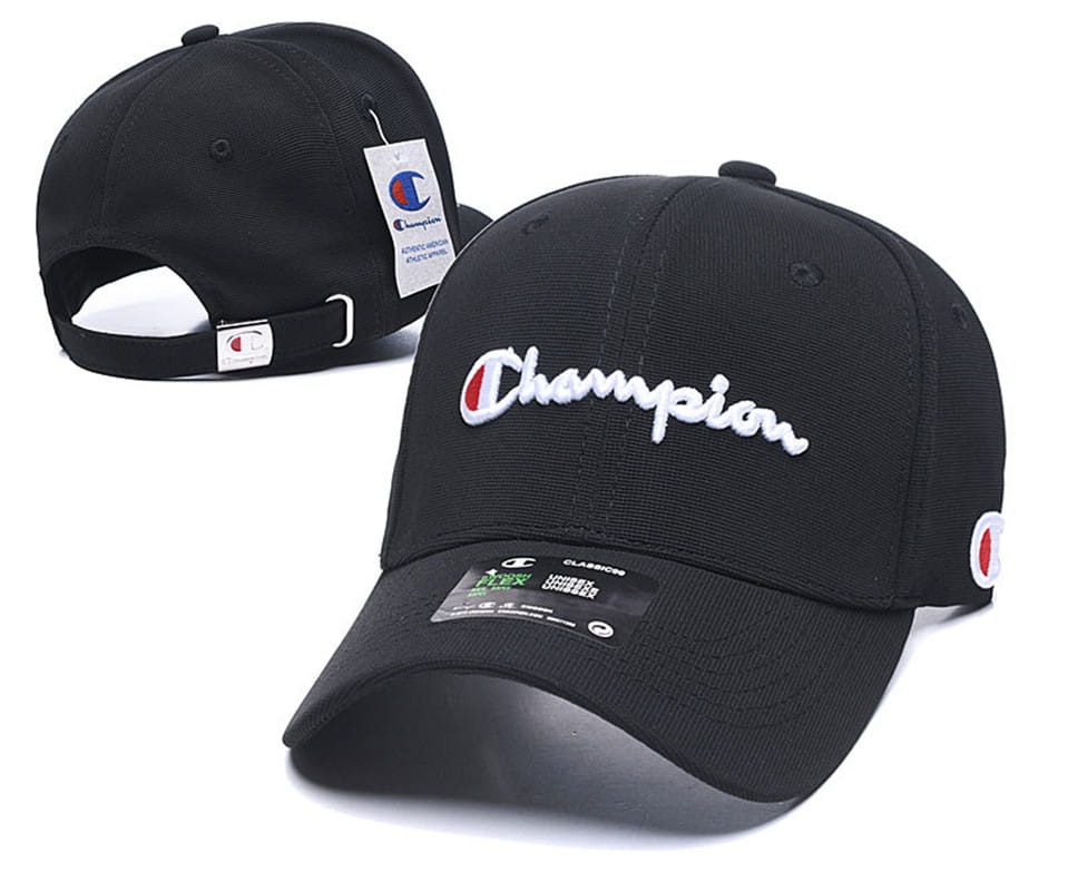 Black champion baseball cap with white embroidered logo and red circular emblem on the side designed as a summer sun hat for unisex use.