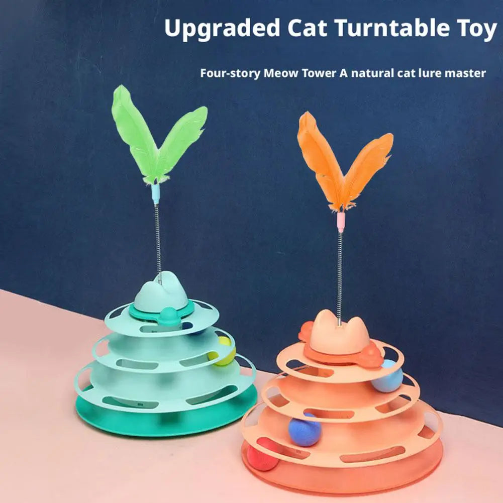 Two colorful multi-tiered interactive cat toy towers with roller balls and feather topped springs made of plastic for feline entertainment.