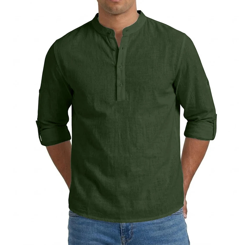 Dark green men’s linen blend long sleeve henley shirt with mandarin collar and button placket.