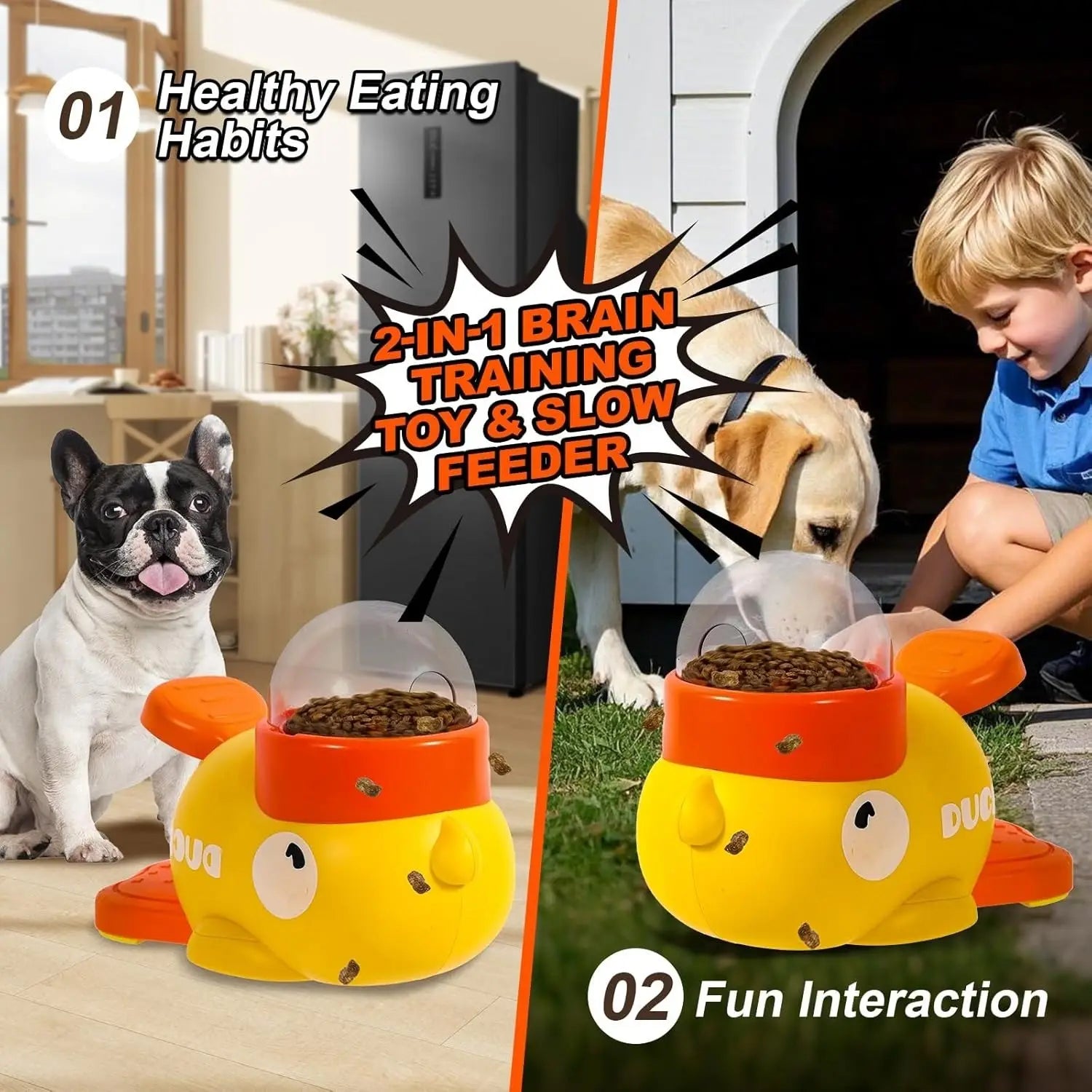 Juguete de rompecabezas de alimentos para perros de 2 en 1 con forma de pez de estilo caricaturesco amarillo y naranja y alimentador lento, diseñado como comedero rompecabezas para perros.