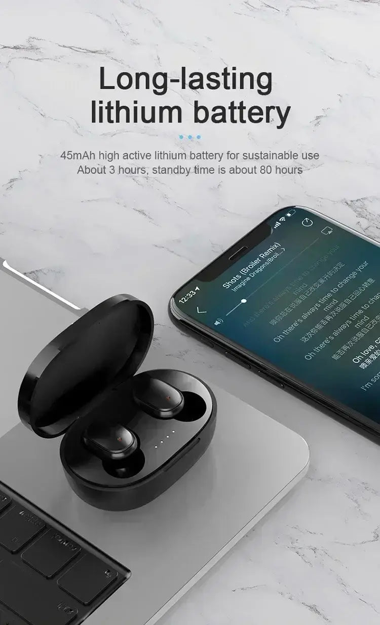 black wireless bluetooth earbuds in a sleek matte-finish charging case with subtle led indicator lights and a 280mah charging box featuring polymer lithium battery and bluetooth version connectivity