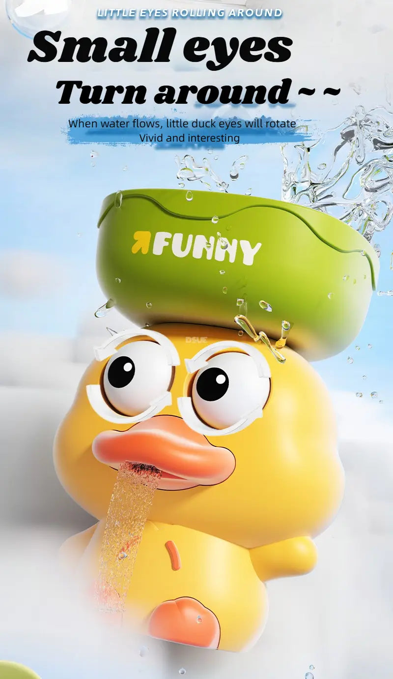 「Duck Waterwheel Bath Toy suction cup kids tub set」の一部として、くりくりした目、オレンジのくちばし、緑の帽子を備えた黄色いラバーダックのバストイです。