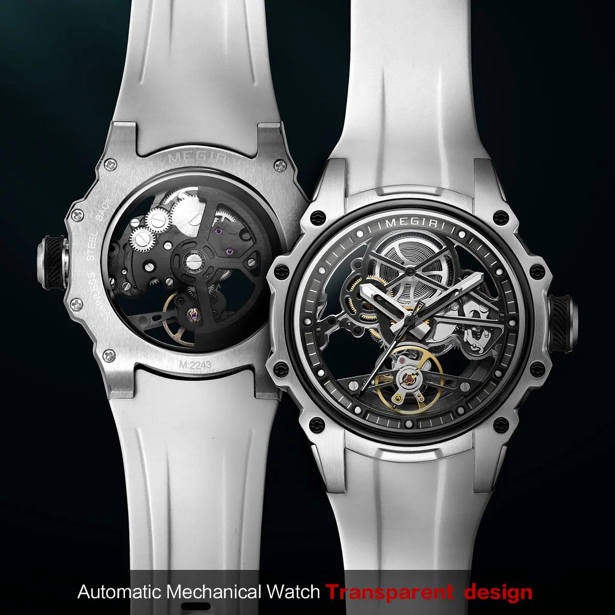 MEGIR Automatic Mechanical Sport Watch for Men Fashion Waterproof Luminous Wristwatch with Silicone Strap SKeleton Dial 2243